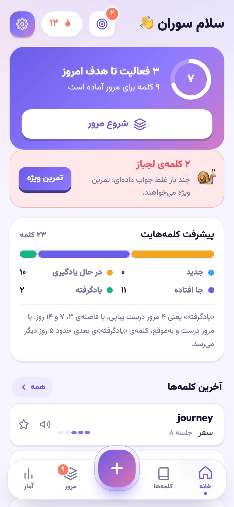 صفحهی خانهی واژهیار: هدف روزانه، کلمههای لجباز و پیشرفت کلمهها